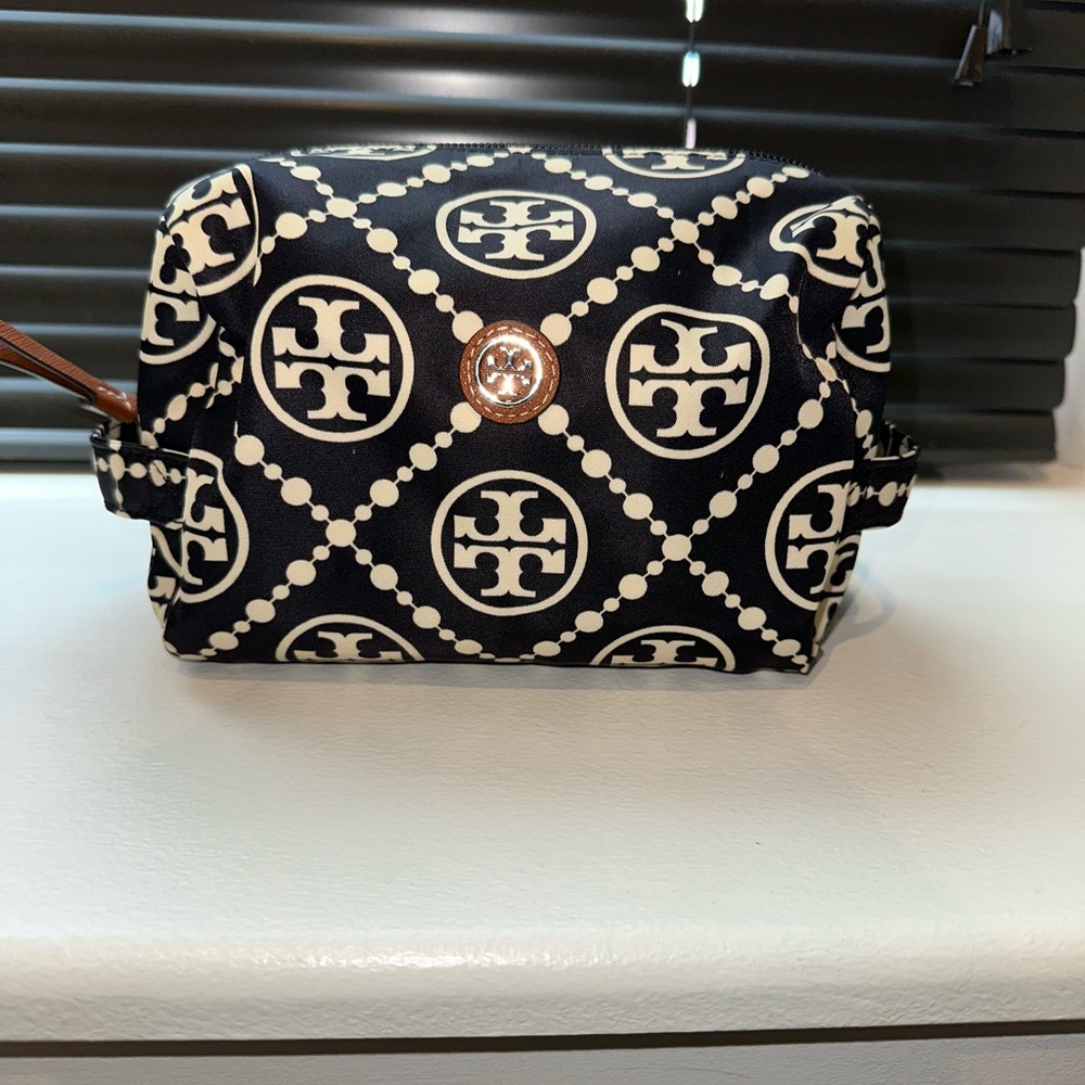 Tory Burch Black and Cream Logo Cosmetic Pouch